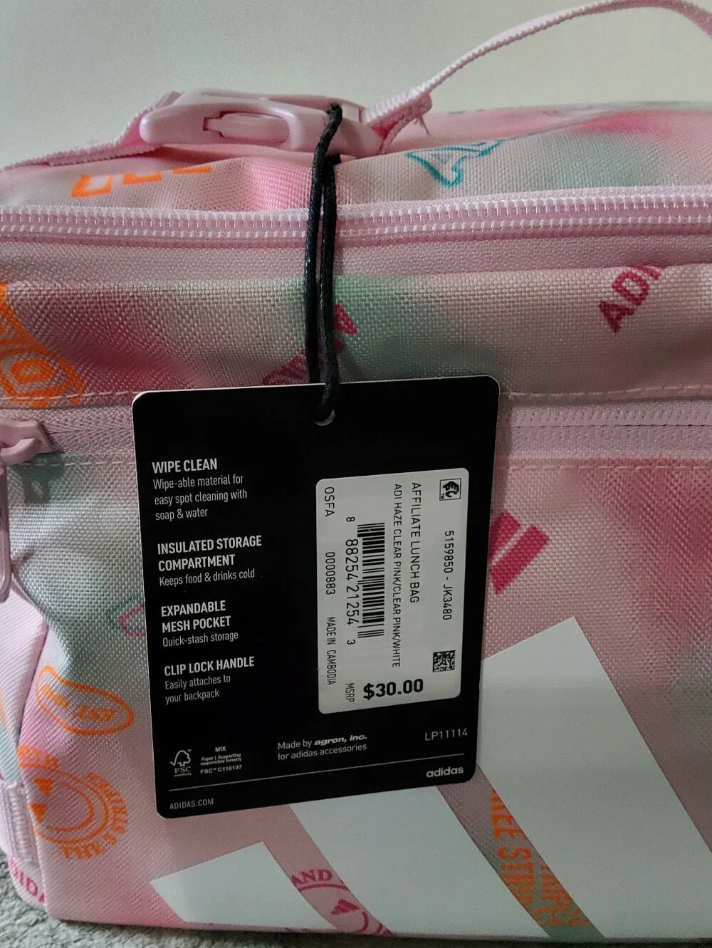 * Adidas Girl's Affiliate Logo School Collegiate Office Lunch Bag Pink/White